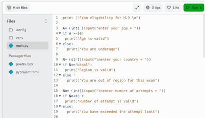 This program lets you check wheather you are eligible to appear in a exam or not.